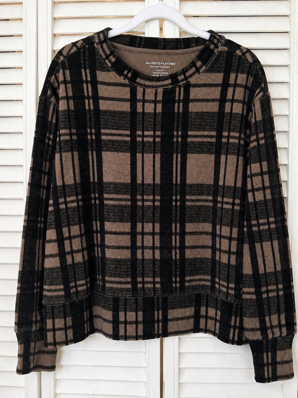 Majestic Filatures Brown Plaid Crewneck Sweater | Size XS